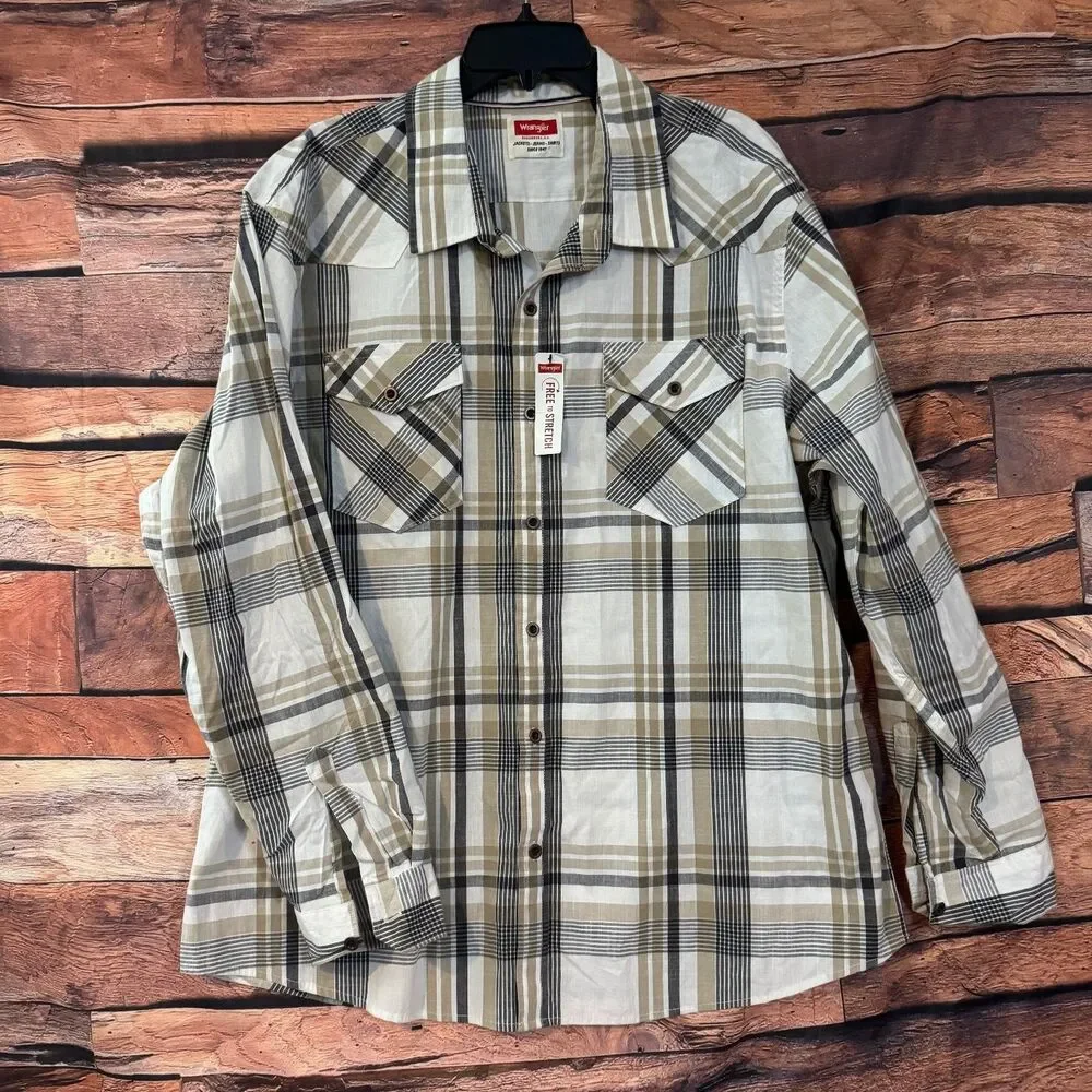 Wrangler Men's Casual Button-Down Shirt 2XL Big Tall Plaid Cotton Blend Stretch